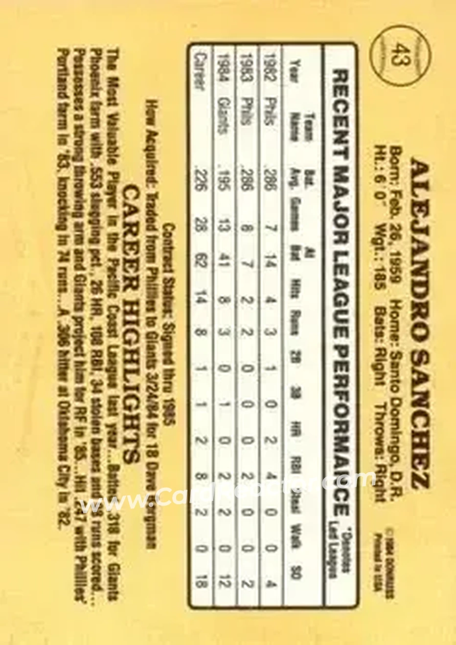 1985 Donruss #43 - Alejandro Sanchez - San Francisco Giants - Back