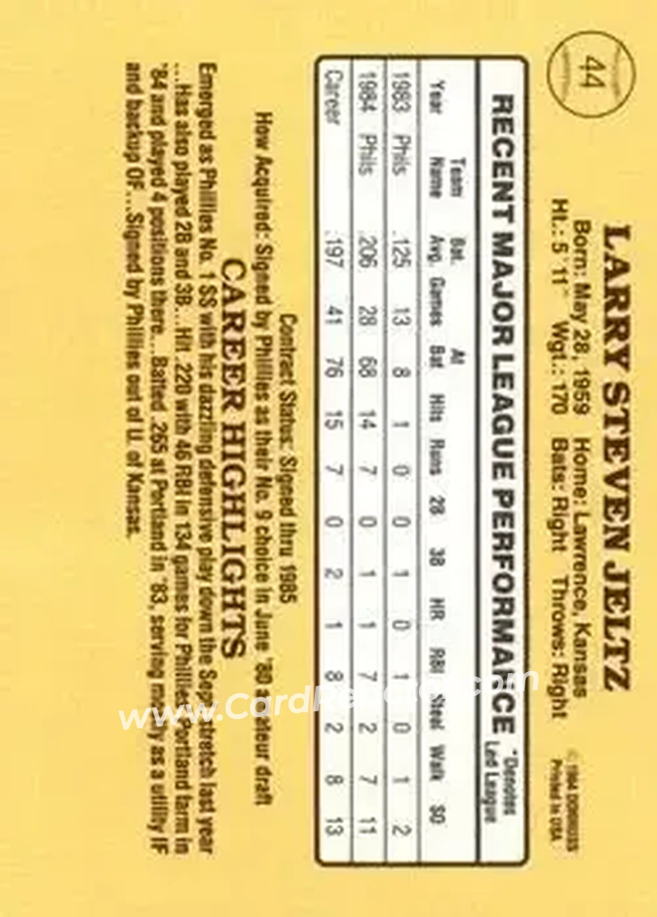 1985 Donruss #44 - Steve Jeltz - Philadelphia Phillies - Back