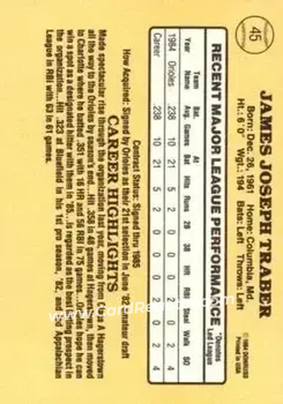 1985 Donruss #45 - Jim Traber - Baltimore Orioles - Back