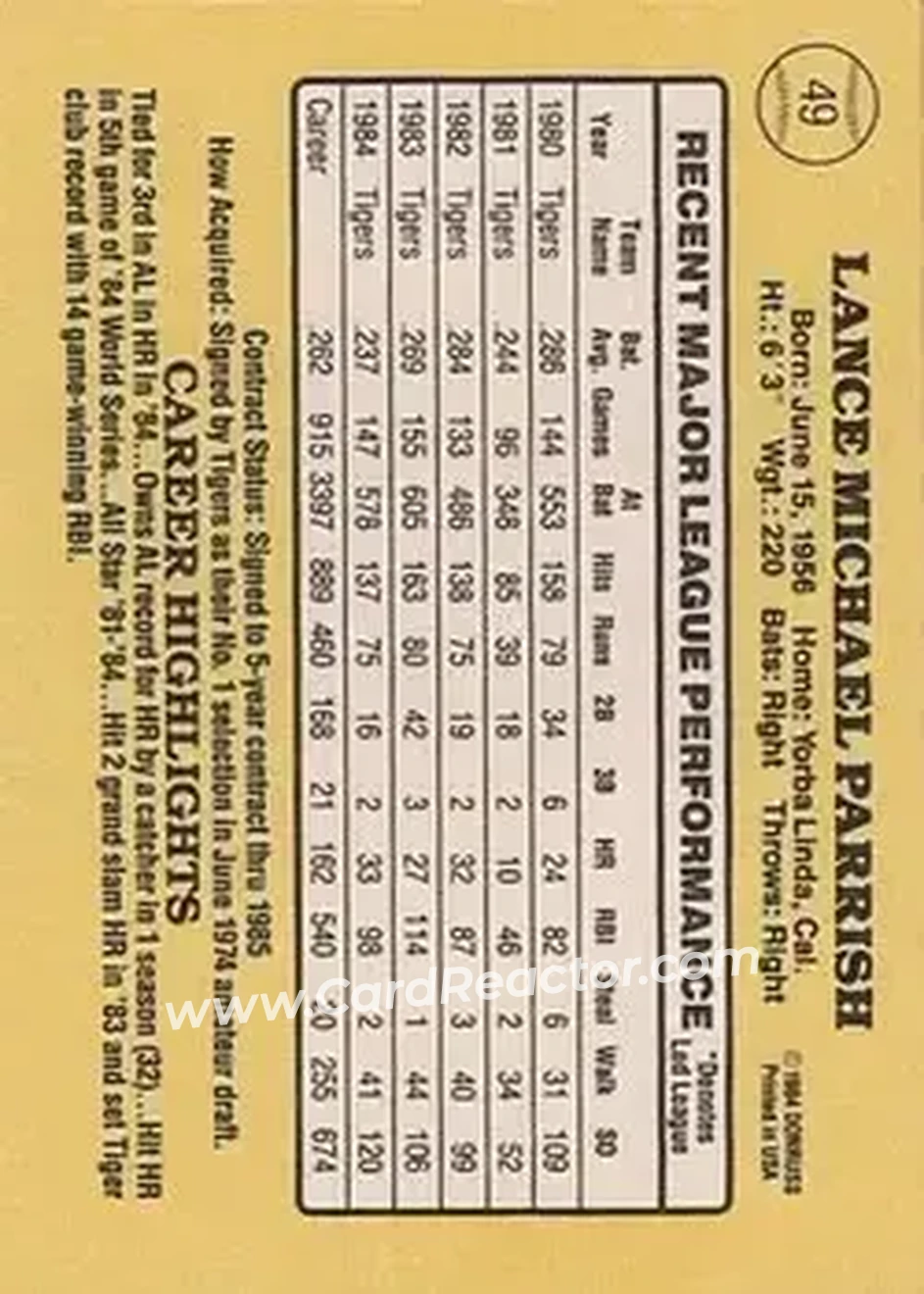 1985 Donruss #49 - Lance Parrish - Detroit Tigers - Back