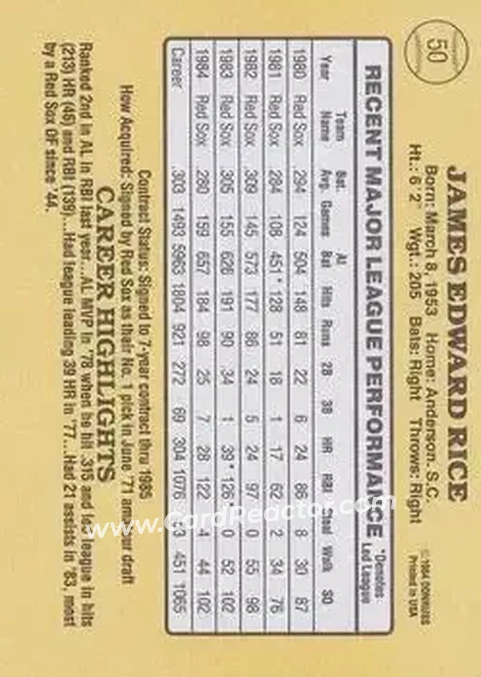 1985 Donruss #50 - Jim Rice - Boston Red Sox - Back