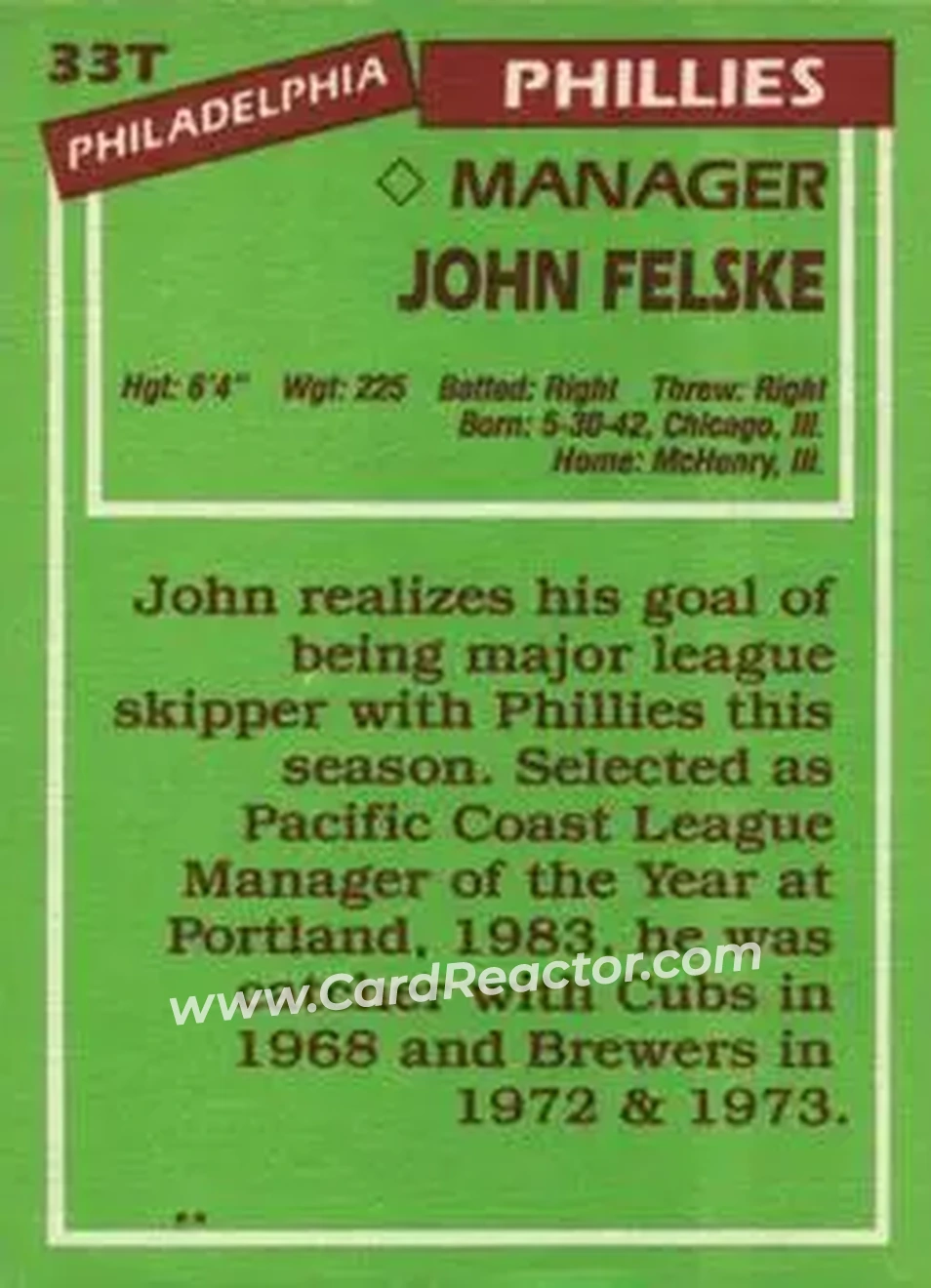 1985 Topps Traded #33T - John Felske - Philadelphia Phillies - Back