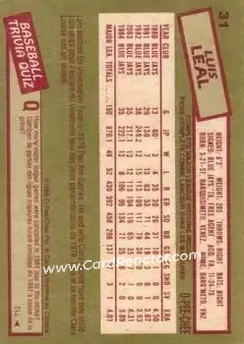 1985 O-Pee-Chee #31 - Luis Leal - Toronto Blue Jays - Back