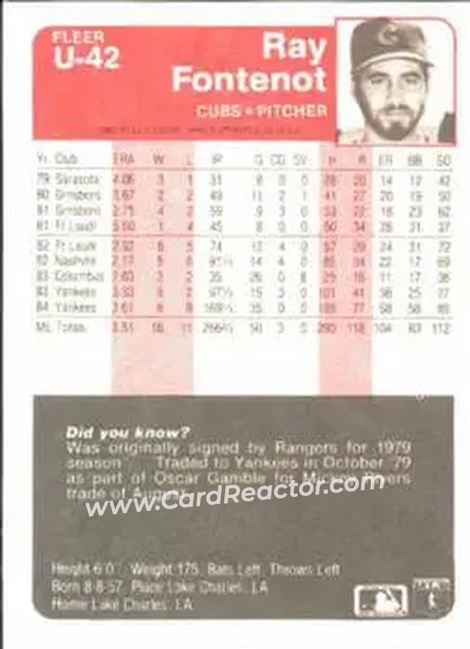 1985 Fleer Update #U-42 - Ray Fontenot - Chicago Cubs - Back