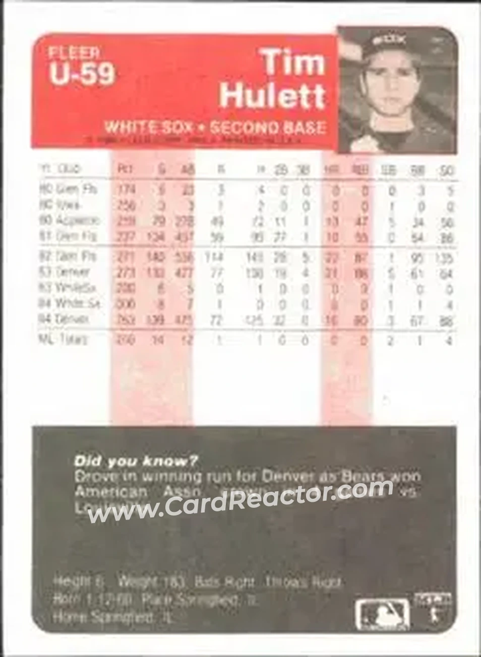 1985 Fleer Update #U-59 - Tim Hulett - Chicago White Sox - Back