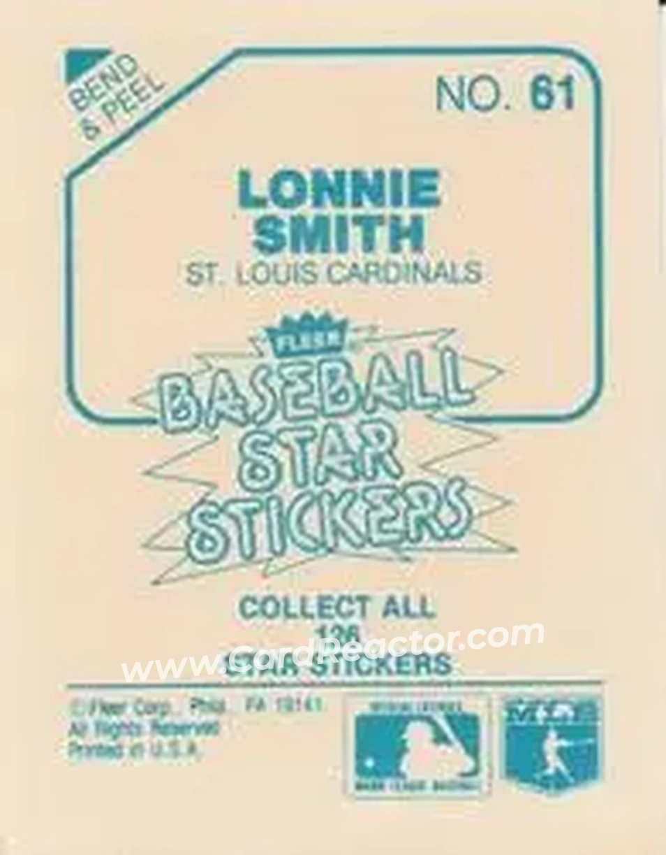 1985 Fleer Star Stickers #61 - Lonnie Smith - St. Louis Cardinals - Back