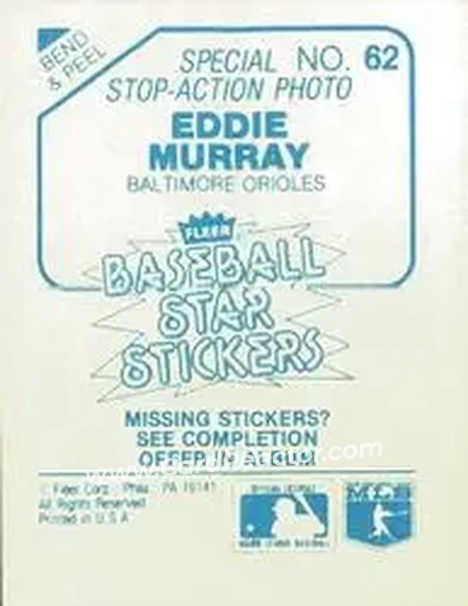 1985 Fleer Star Stickers #62 - Eddie Murray - Baltimore Orioles - Back
