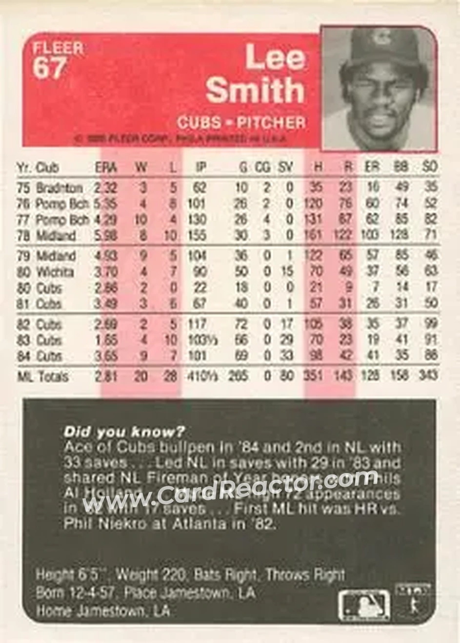 1985 Fleer #67 - Lee Smith - Chicago Cubs - Back 1985 Fleer #67 - Lee Smith - Chicago Cubs - Back