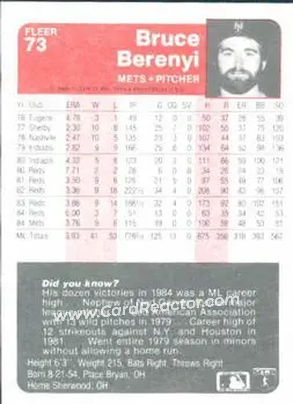 1985 Fleer #73 - Bruce Berenyi - New York Mets - Back