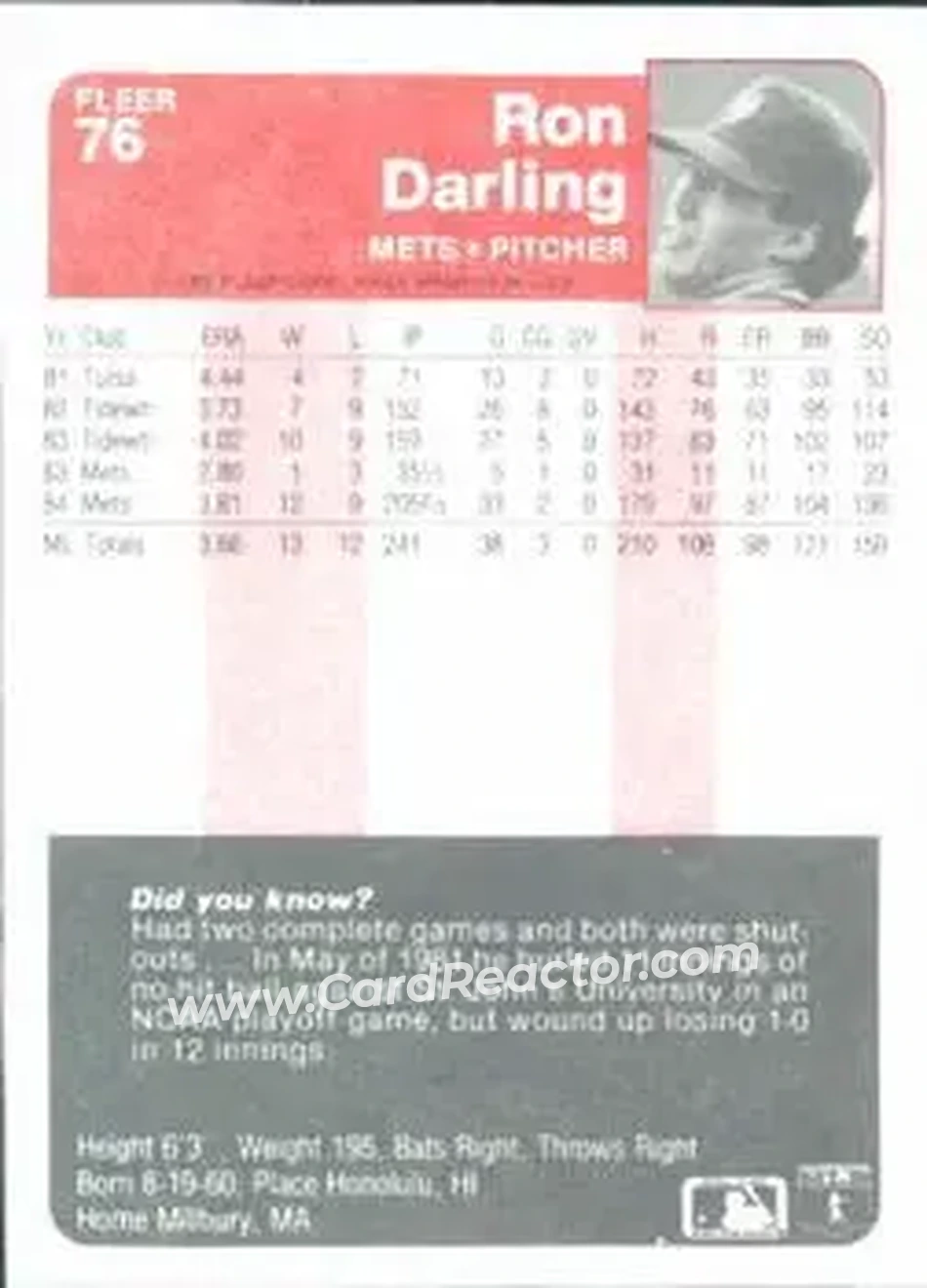 1985 Fleer #76 - Ron Darling - New York Mets - Back