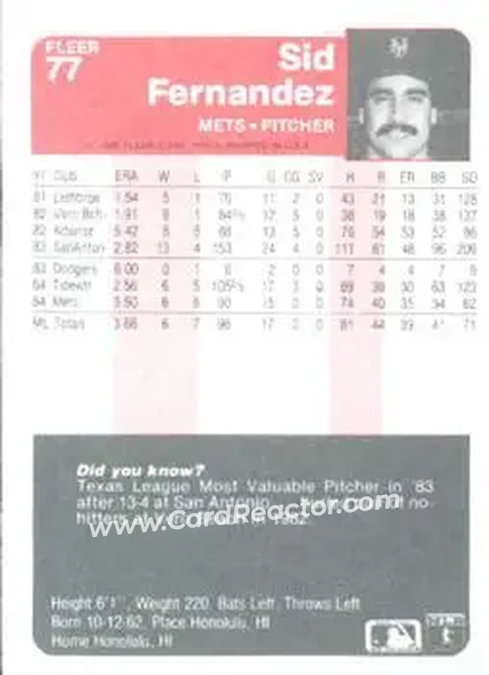 1985 Fleer #77 - Sid Fernandez - New York Mets - Back 1985 Fleer #77 - Sid Fernandez - New York Mets - Back