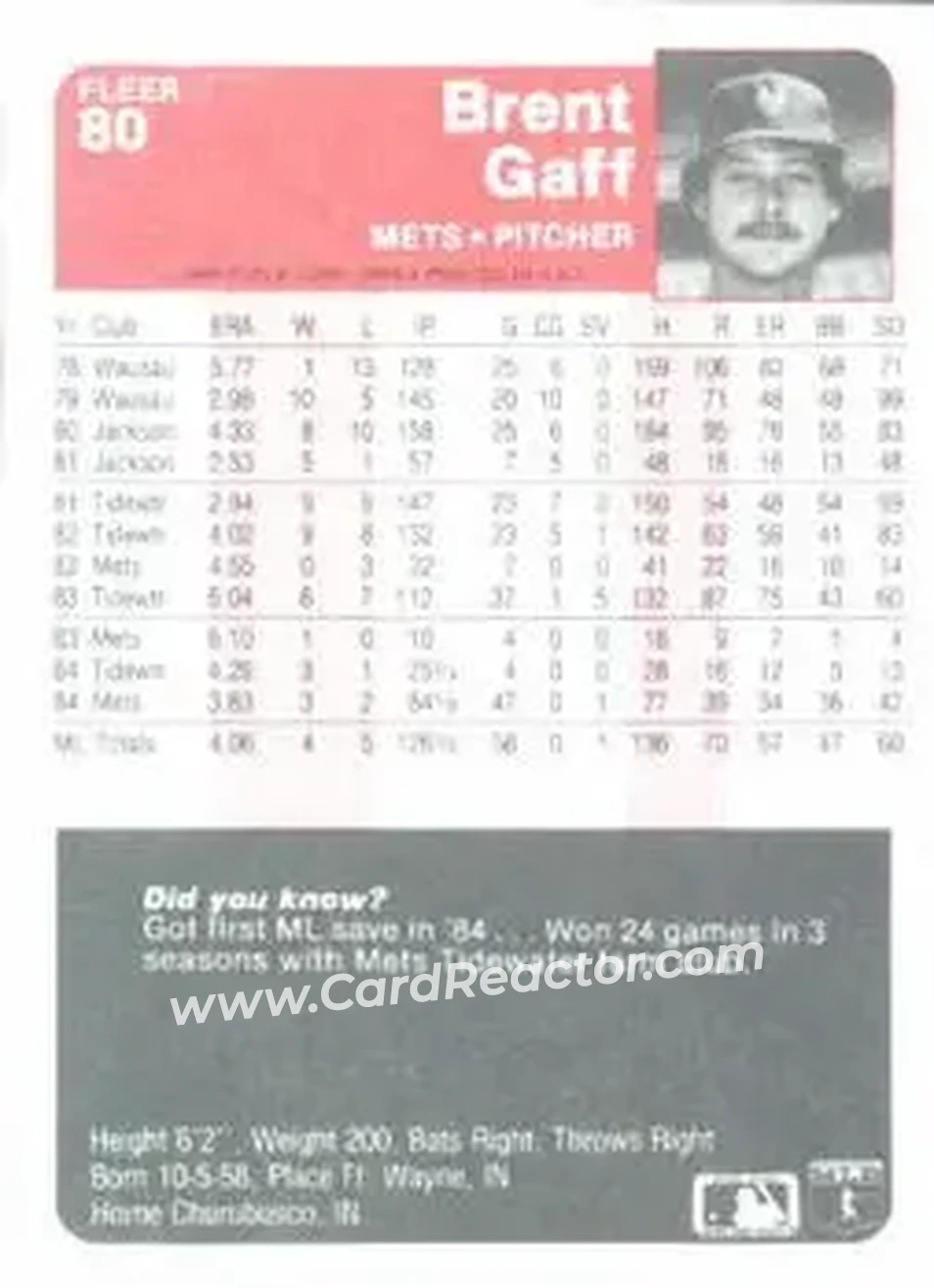 1985 Fleer #80 - Brent Gaff - New York Mets - Back