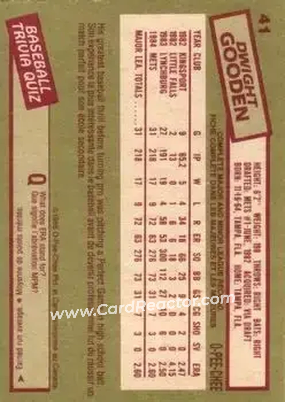 1985 O-Pee-Chee #41 - Dwight Gooden - New York Mets - Back