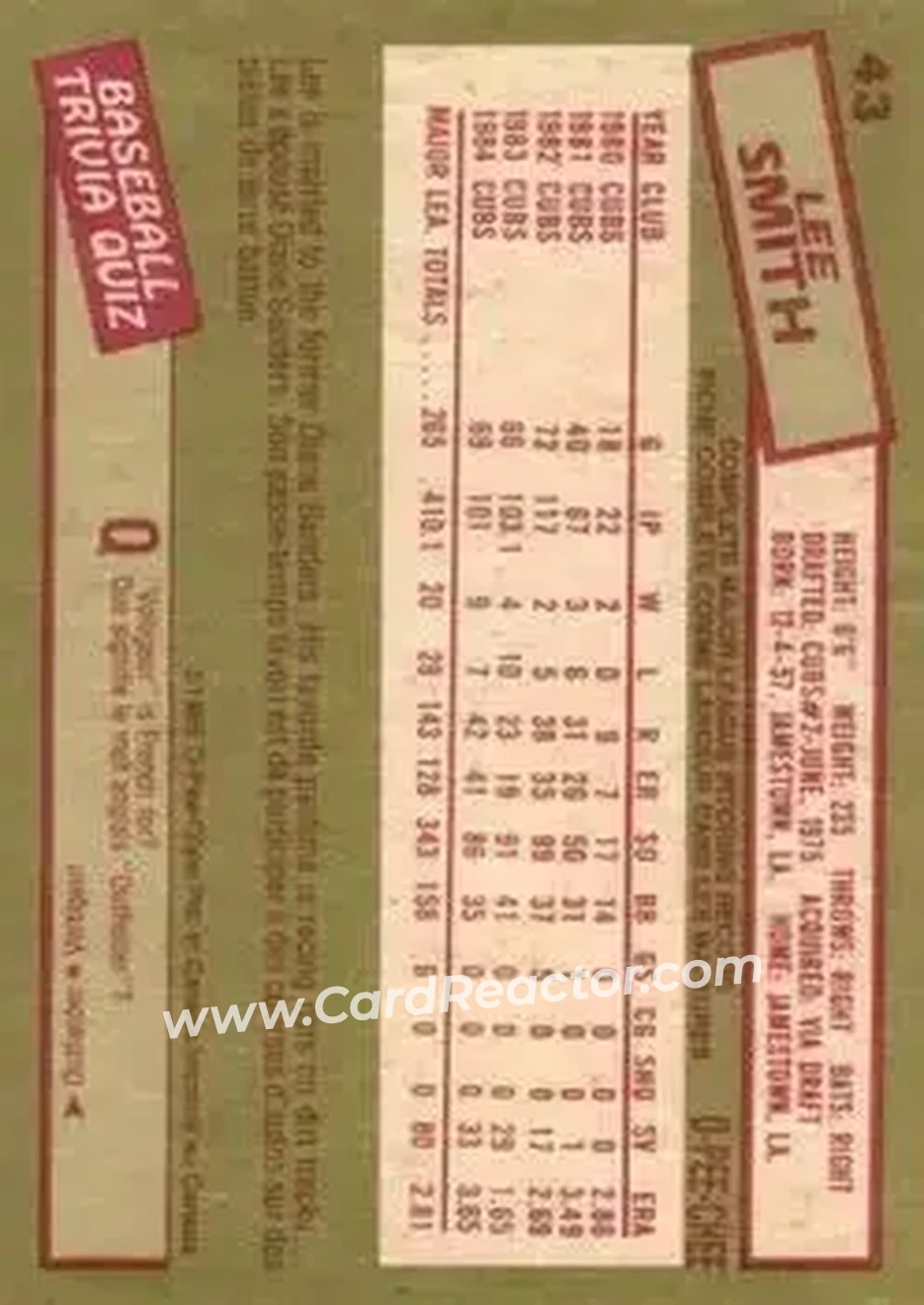 1985 O-Pee-Chee #43 - Lee Smith - Chicago Cubs - Back