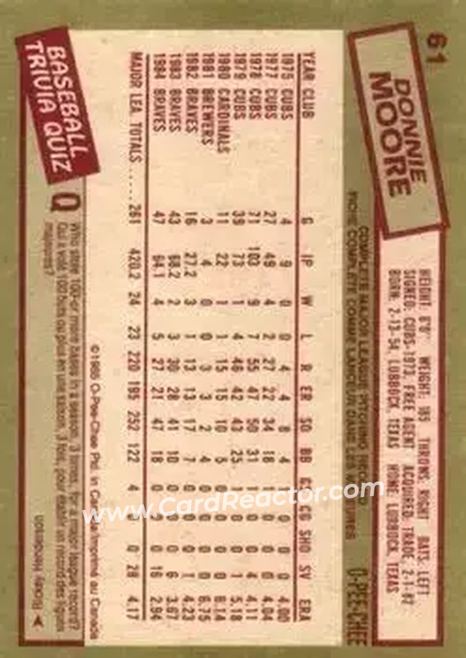 1985 O-Pee-Chee #61 - Donnie Moore - California Angels - Back 1985 O-Pee-Chee #61 - Donnie Moore - California Angels - Back