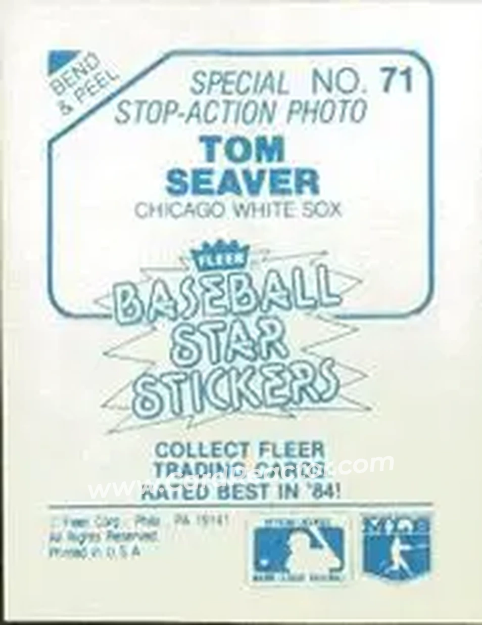 1985 Fleer Star Stickers #71 - Tom Seaver - Chicago White Sox - Back