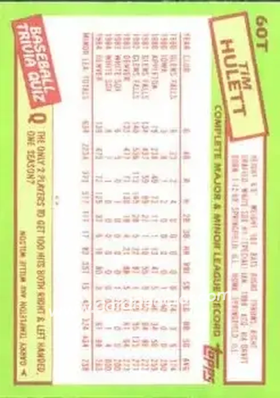 1985 Topps Traded #60T - Tim Hulett - Chicago White Sox - Back