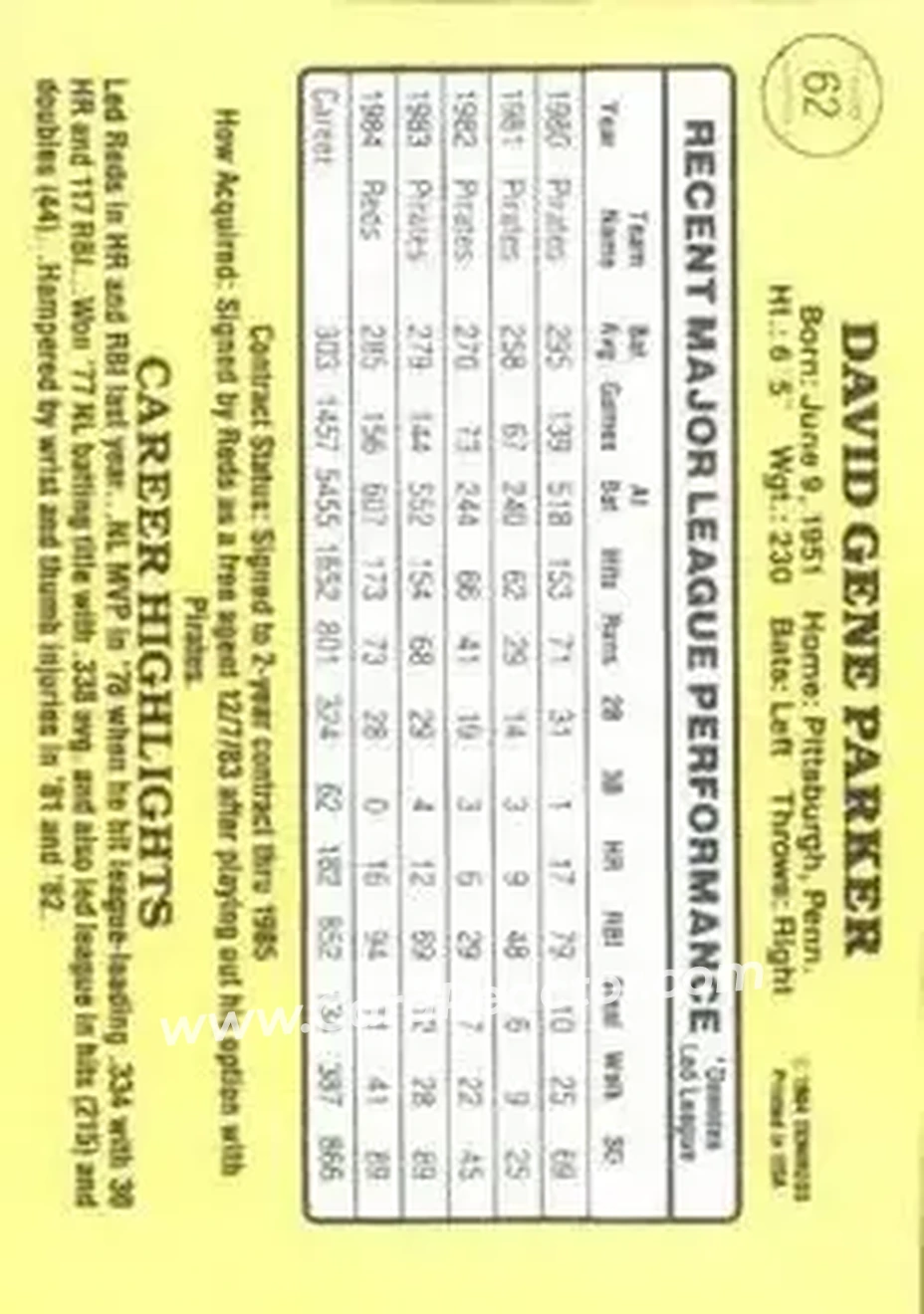 1985 Donruss #62 - Dave Parker - Cincinnati Reds - Back 1985 Donruss #62 - Dave Parker - Cincinnati Reds - Back