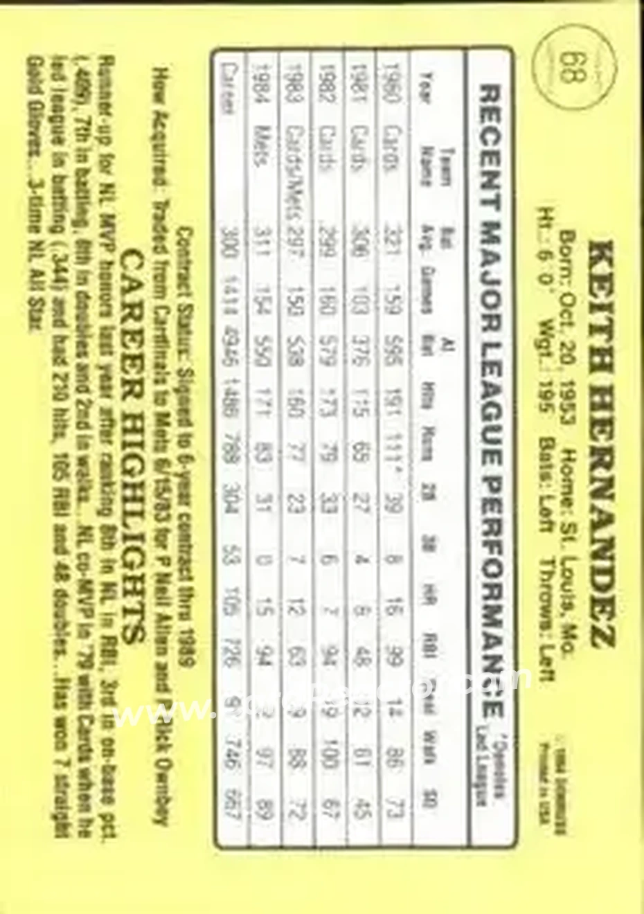 1985 Donruss #68 - Keith Hernandez - New York Mets - Back