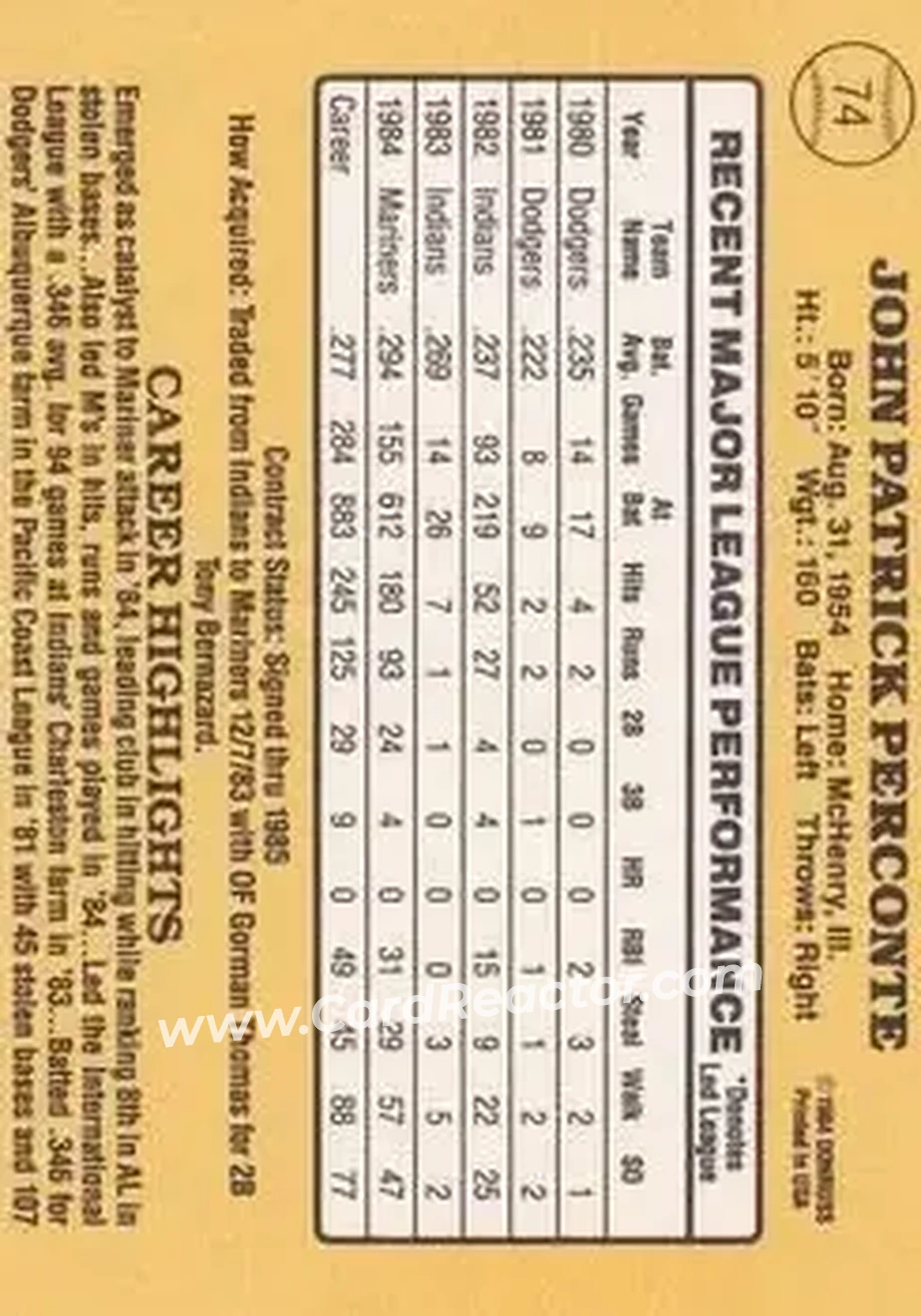 1985 Donruss #74 - Jack Perconte - Seattle Mariners - Back