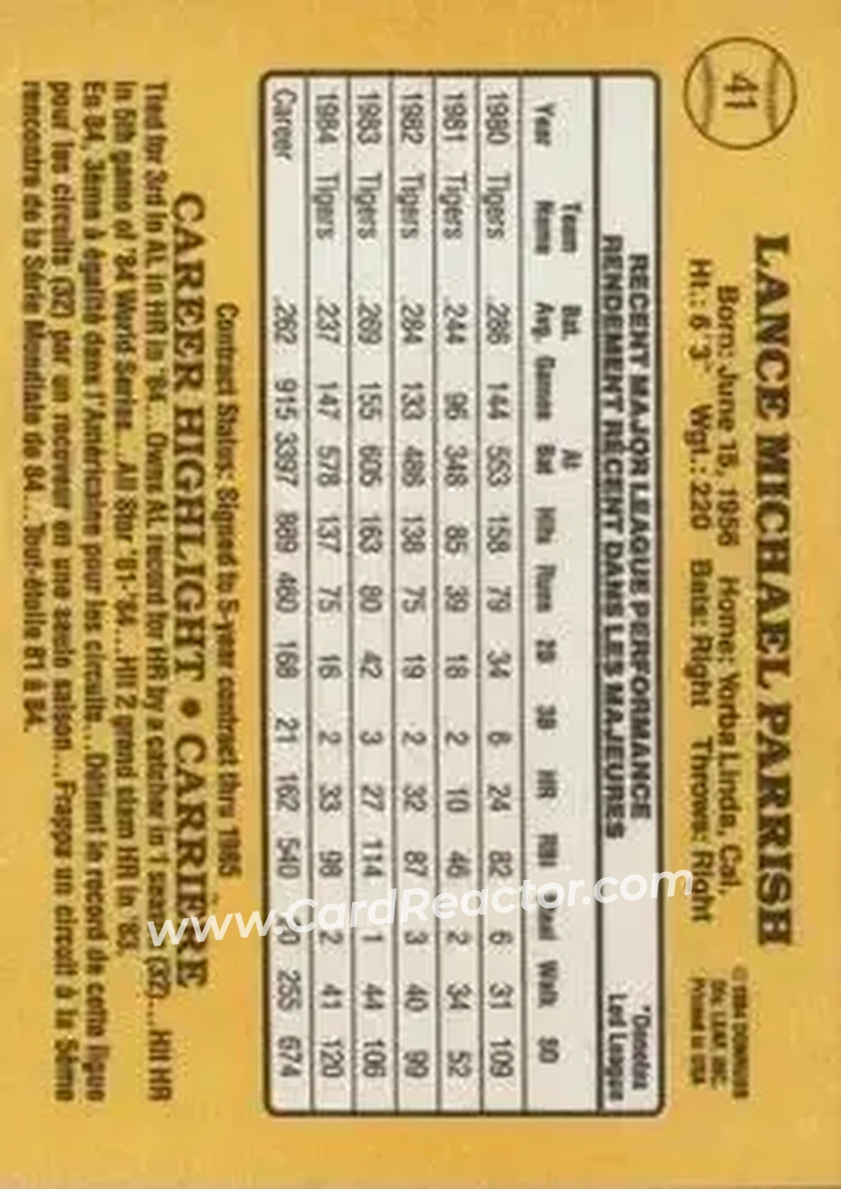 1985 Leaf #41 - Lance Parrish - Detroit Tigers - Back 1985 Leaf #41 - Lance Parrish - Detroit Tigers - Back