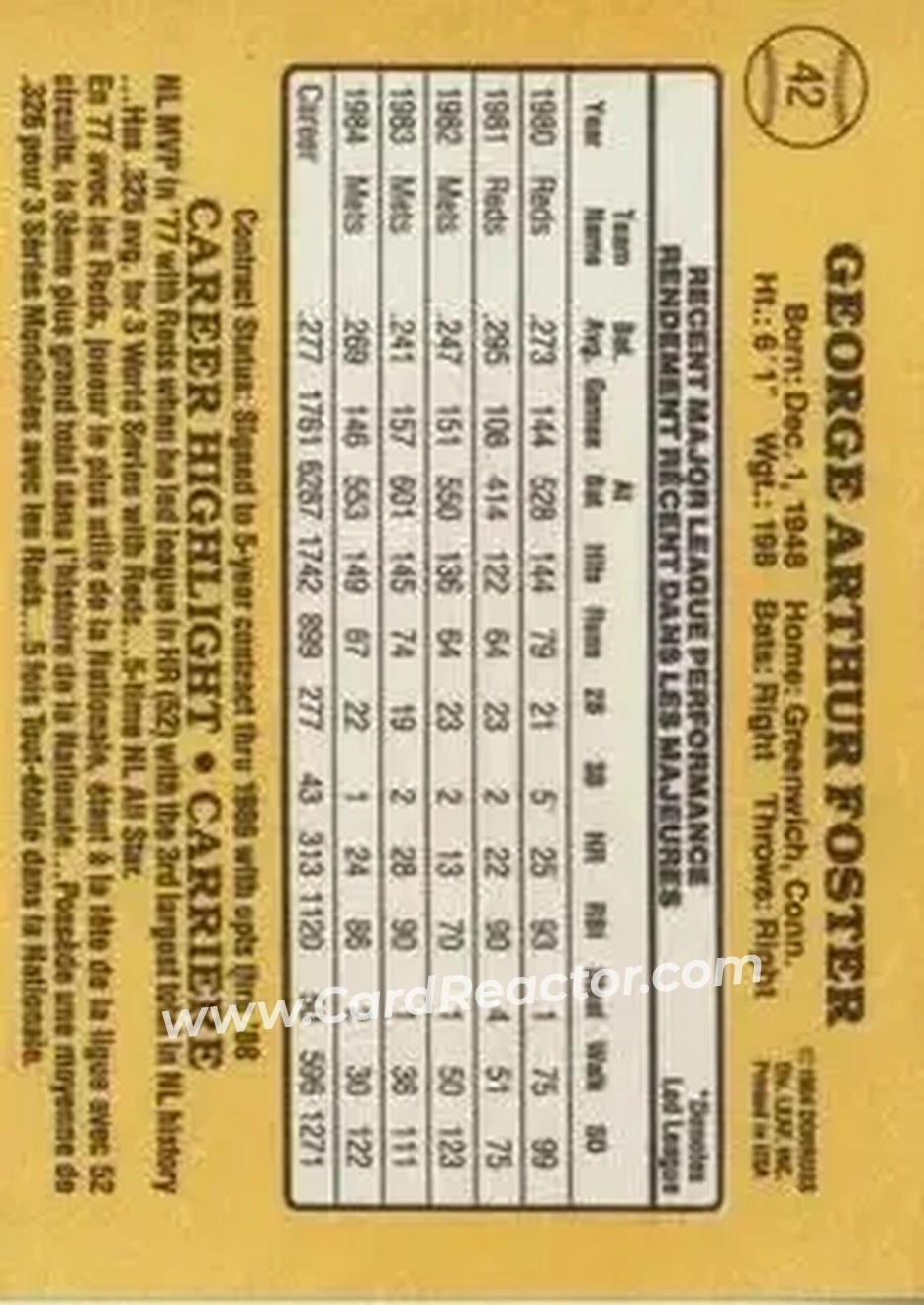 1985 Leaf #42 - George Foster - New York Mets - Back