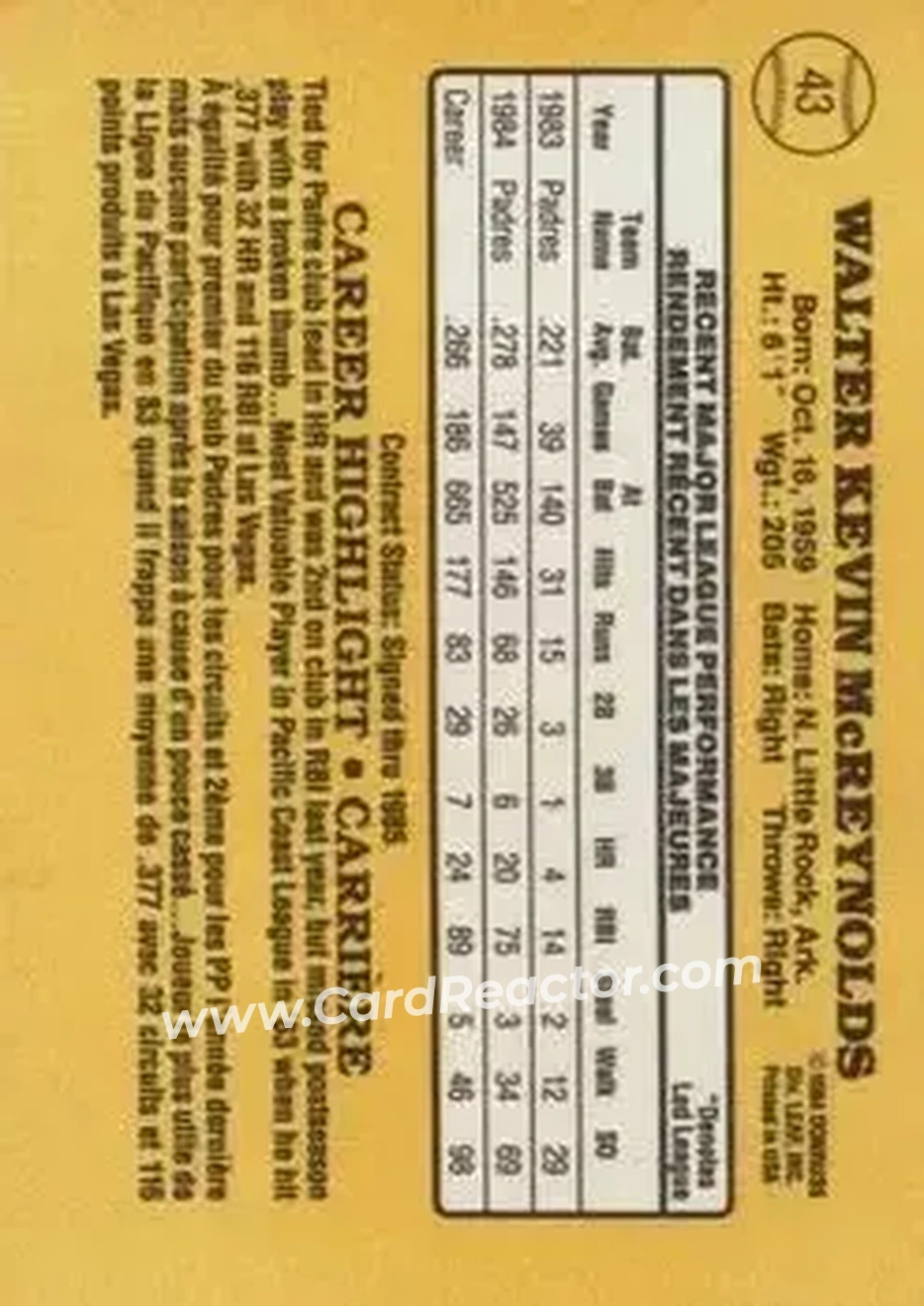1985 Leaf #43 - Kevin McReynolds - San Diego Padres - Back