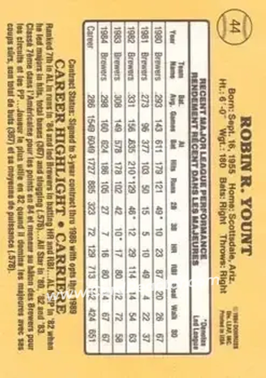 1985 Leaf #44 - Robin Yount - Milwaukee Brewers - Back 1985 Leaf #44 - Robin Yount - Milwaukee Brewers - Back