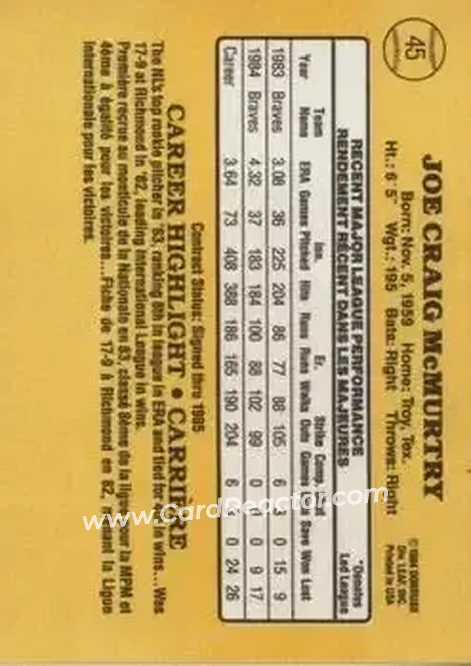 1985 Leaf #45 - Craig McMurtry - Atlanta Braves - Back