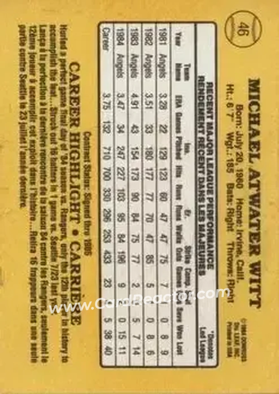 1985 Leaf #46 - Mike Witt - California Angels - Back
