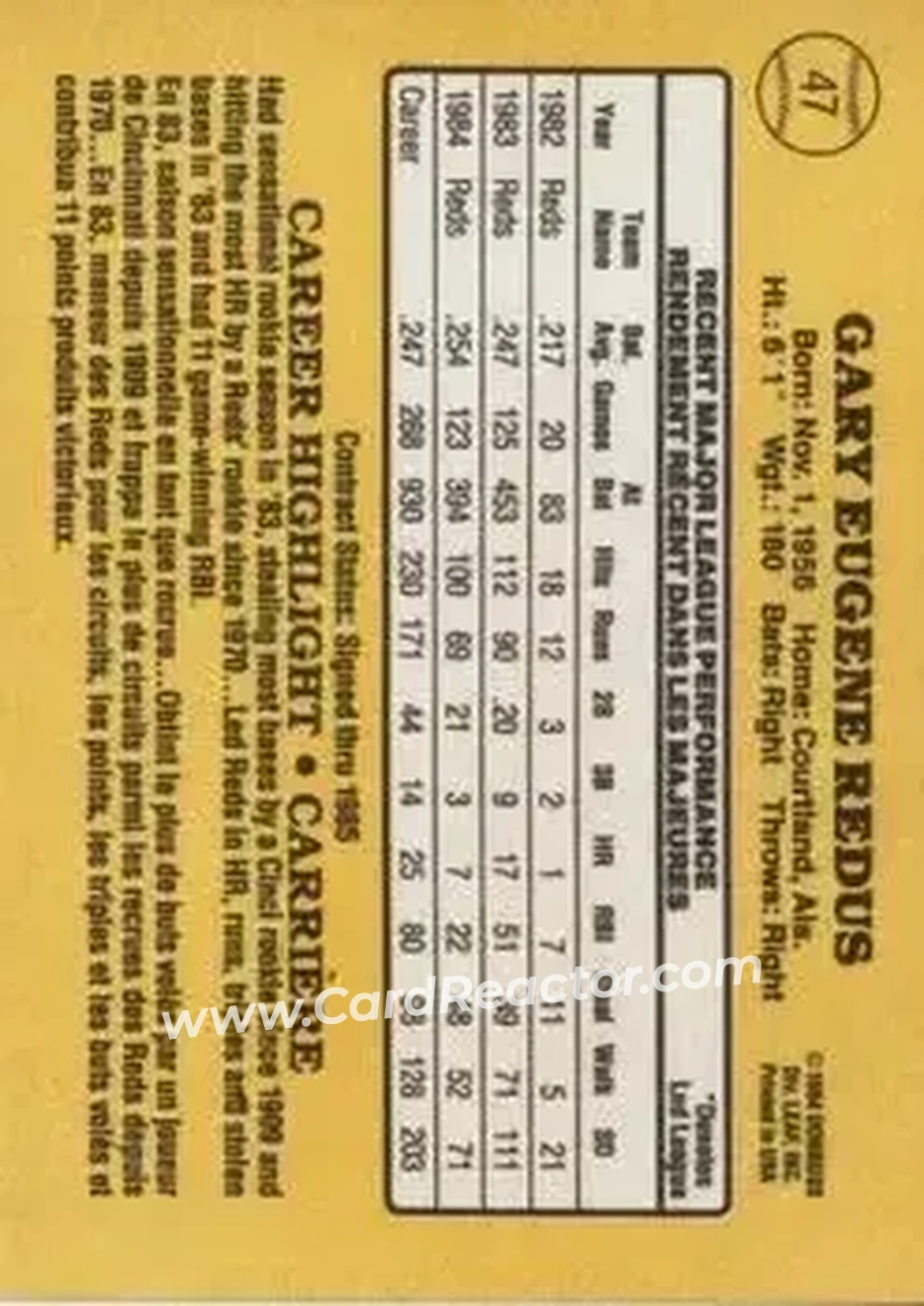 1985 Leaf #47 - Gary Redus - Cincinnati Reds - Back 1985 Leaf #47 - Gary Redus - Cincinnati Reds - Back