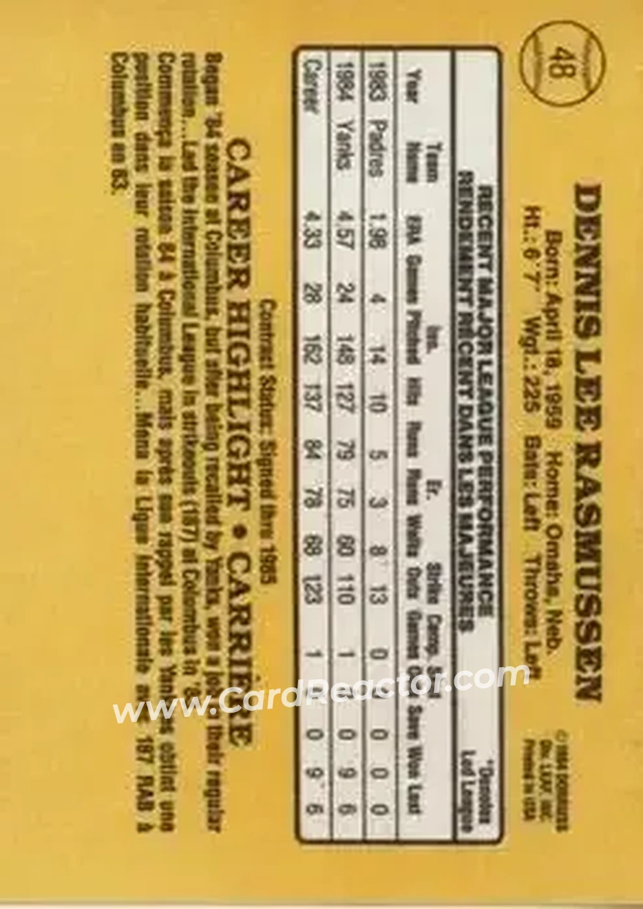 1985 Leaf #48 - Dennis Rasmussen - New York Yankees - Back