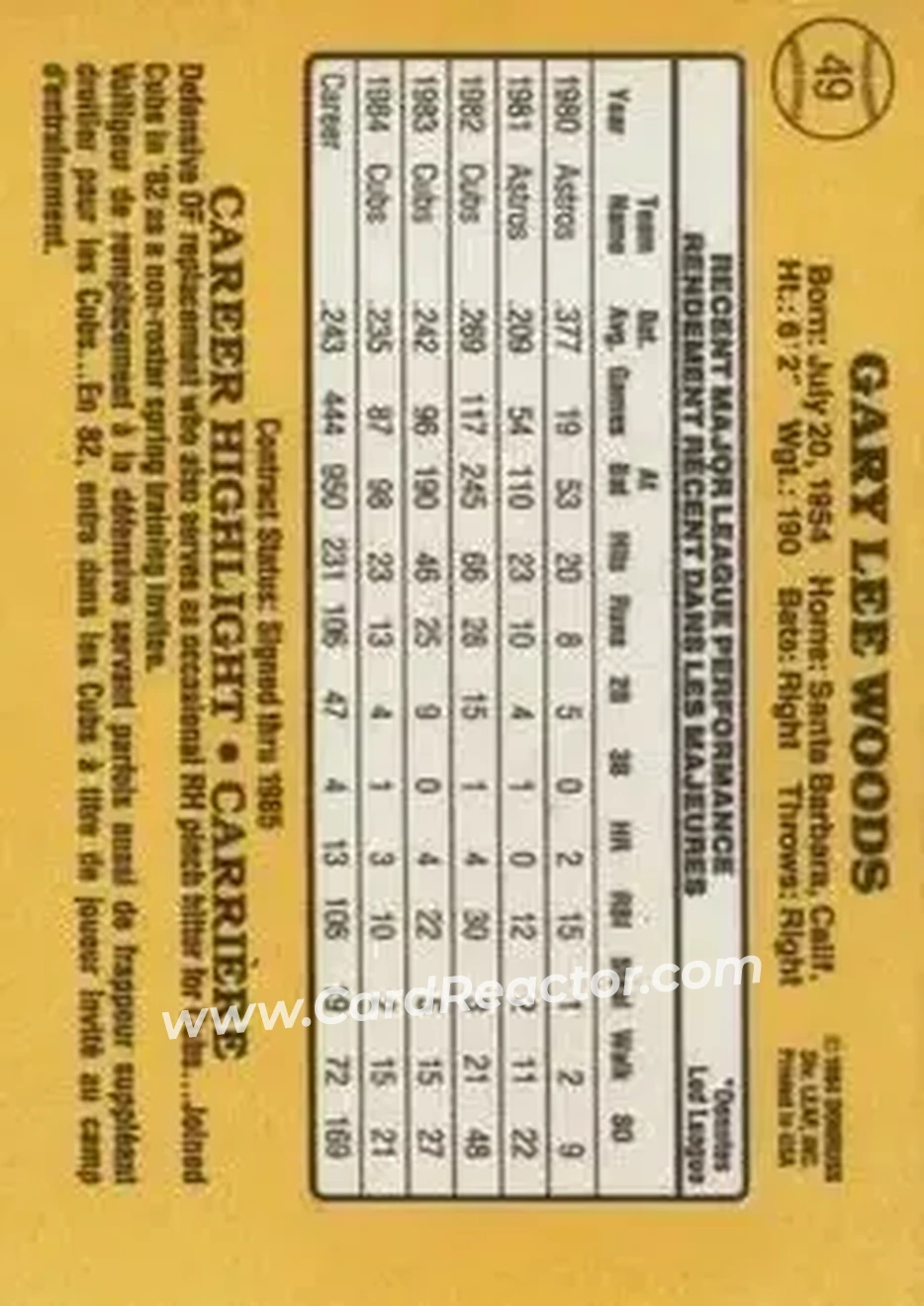 1985 Leaf #49 - Gary Woods - Chicago Cubs - Back 1985 Leaf #49 - Gary Woods - Chicago Cubs - Back