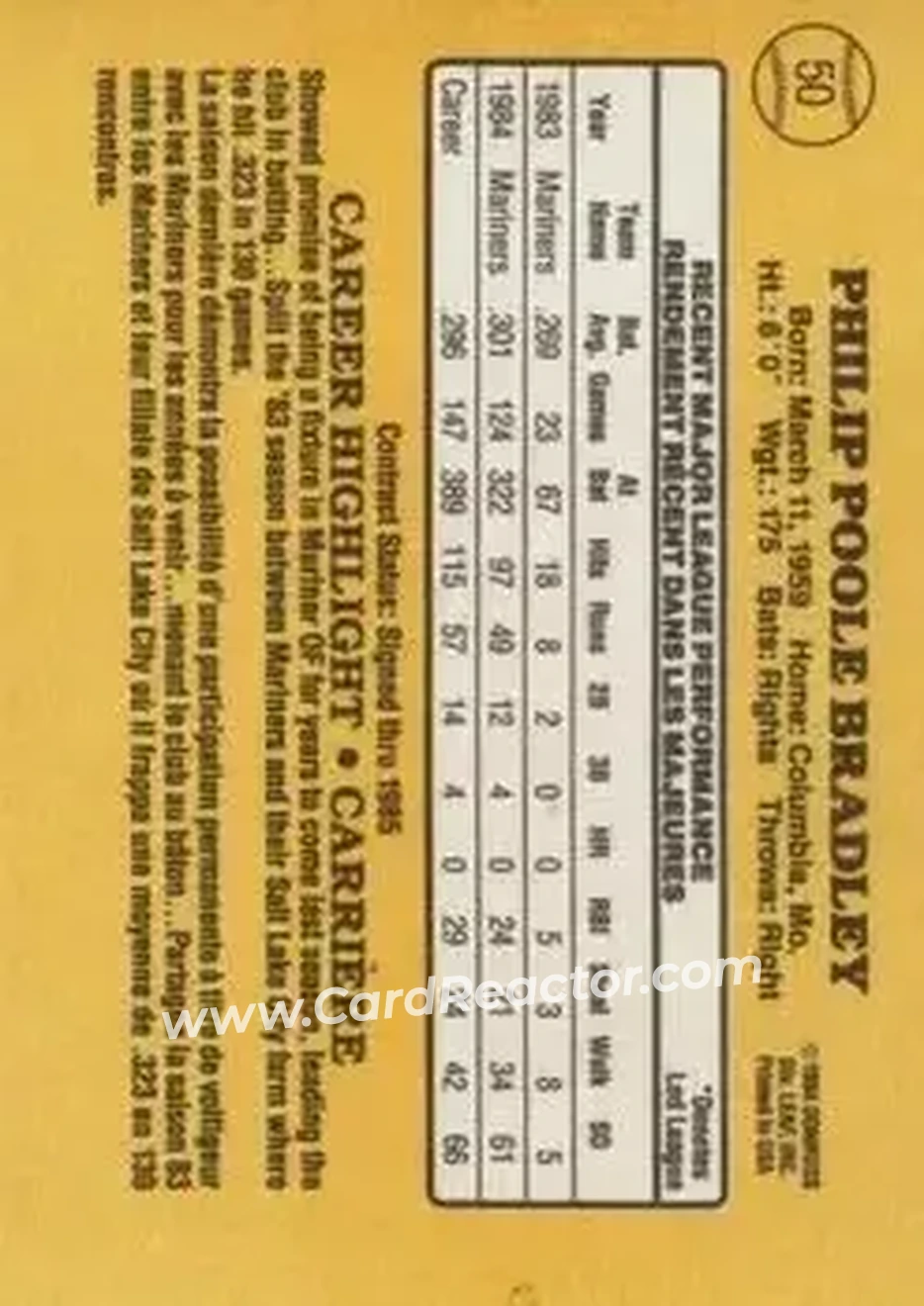 1985 Leaf #50 - Phil Bradley - Seattle Mariners - Back