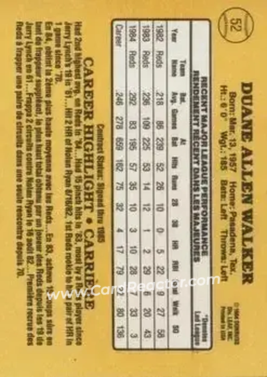 1985 Leaf #52 - Duane Walker - Cincinnati Reds - Back 1985 Leaf #52 - Duane Walker - Cincinnati Reds - Back