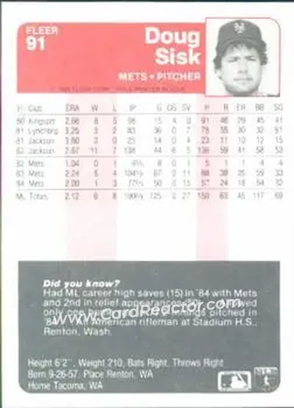 1985 Fleer #91 - Doug Sisk - New York Mets - Back