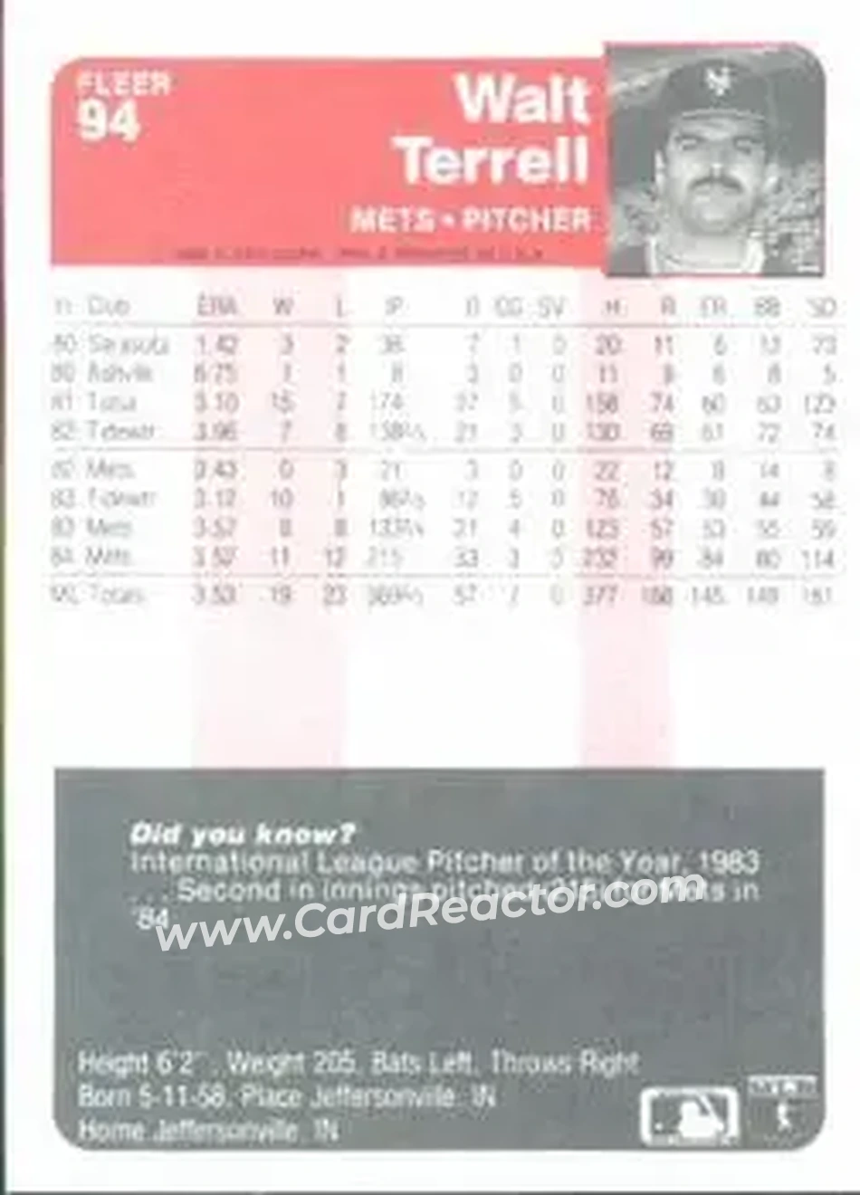 1985 Fleer #94 - Walt Terrell - New York Mets - Back