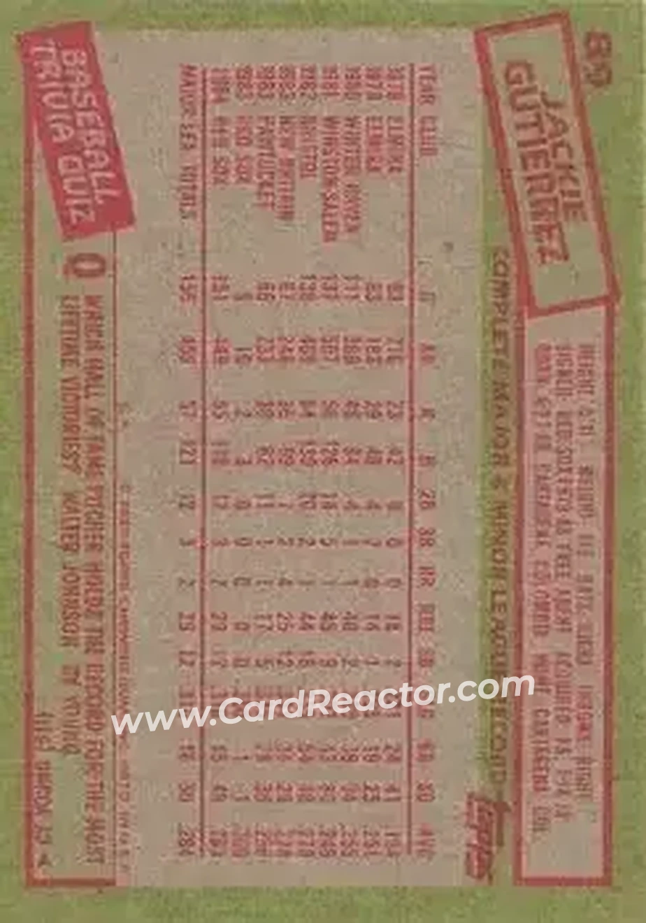 1985 Topps #89 - Jackie Gutierrez - Boston Red Sox - Back 1985 Topps #89 - Jackie Gutierrez - Boston Red Sox - Back