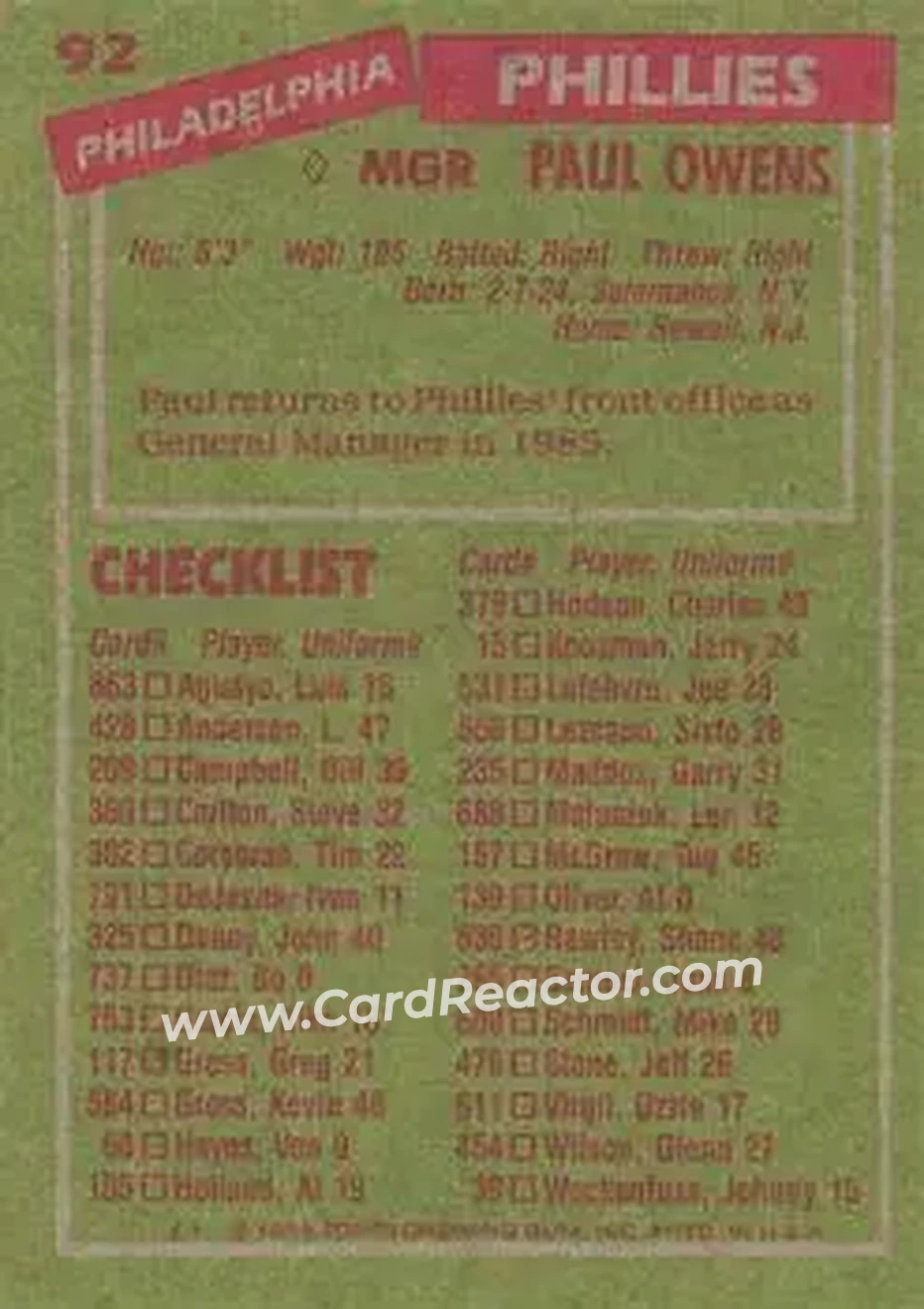1985 Topps #92 - Paul Owens - Philadelphia Phillies - Back 1985 Topps #92 - Paul Owens - Philadelphia Phillies - Back