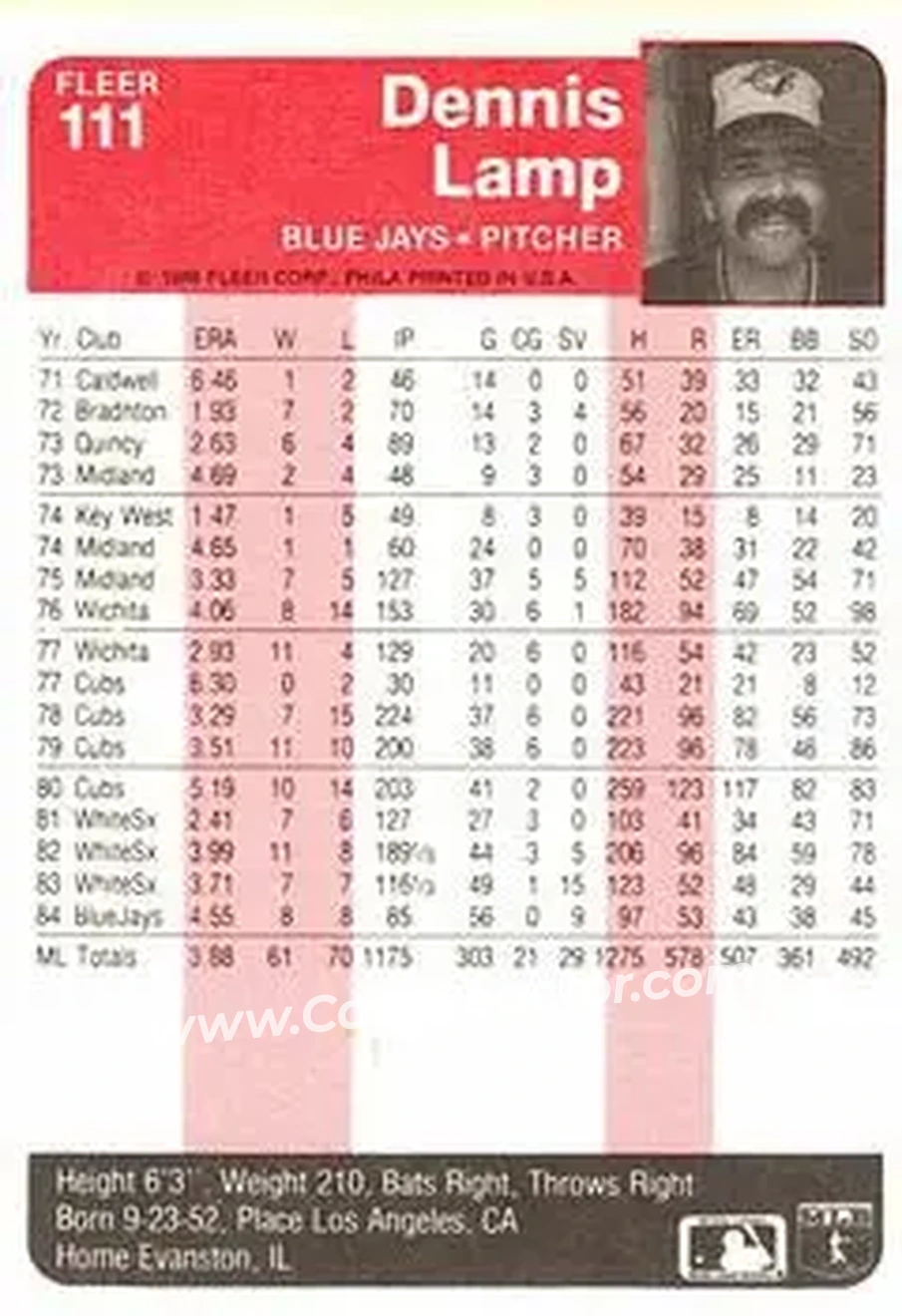 1985 Fleer #111 - Dennis Lamp - Toronto Blue Jays - Back