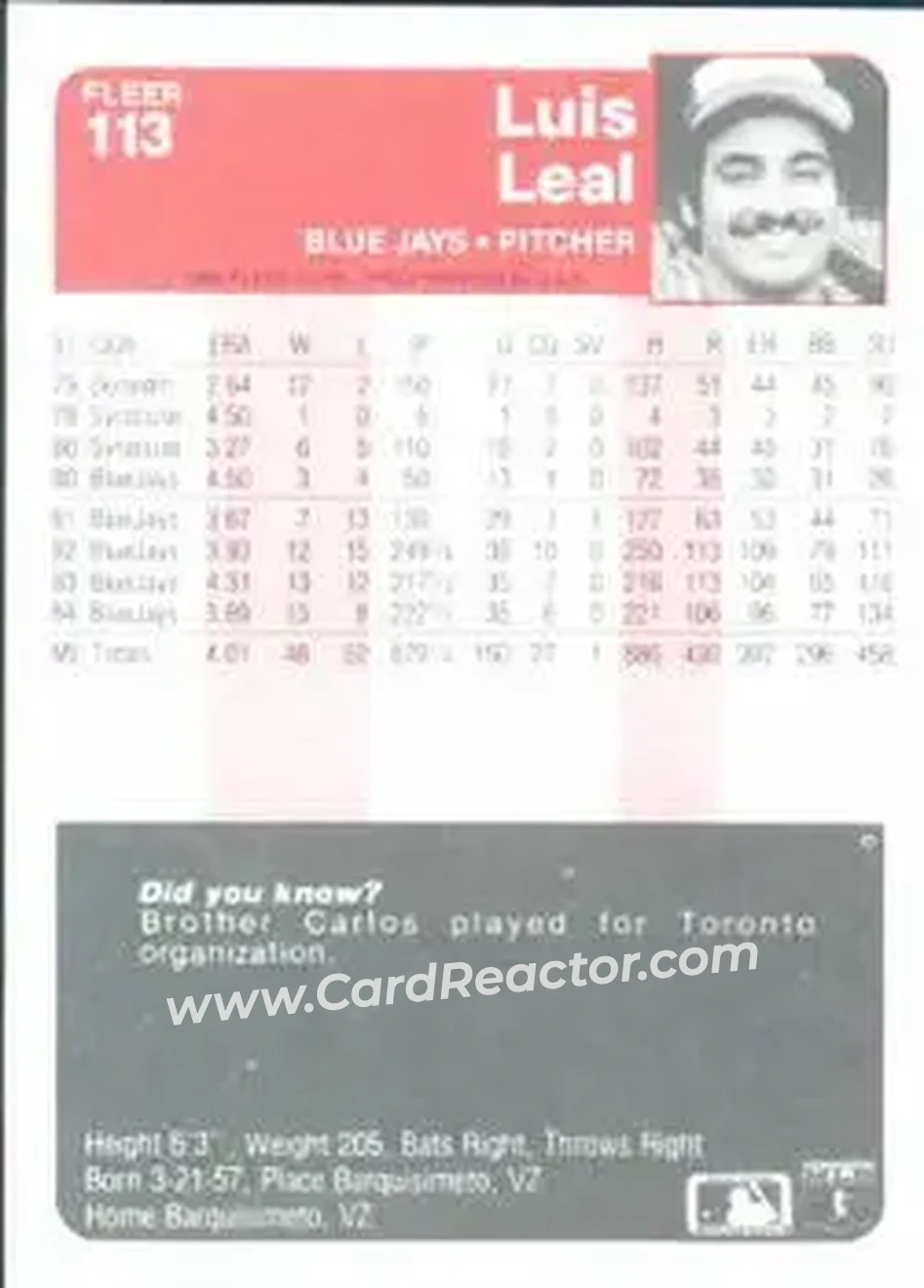 1985 Fleer #113 - Luis Leal - Toronto Blue Jays - Back