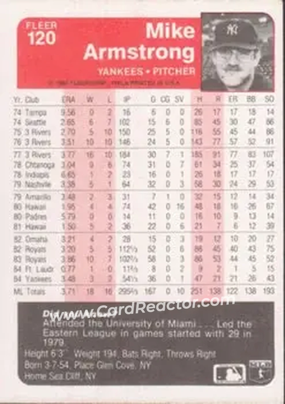 1985 Fleer #120 - Mike Armstrong - New York Yankees - Back