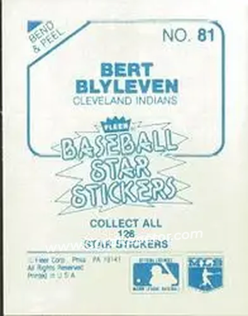 1985 Fleer Star Stickers #81 - Bert Blyleven - Cleveland Indians - Back