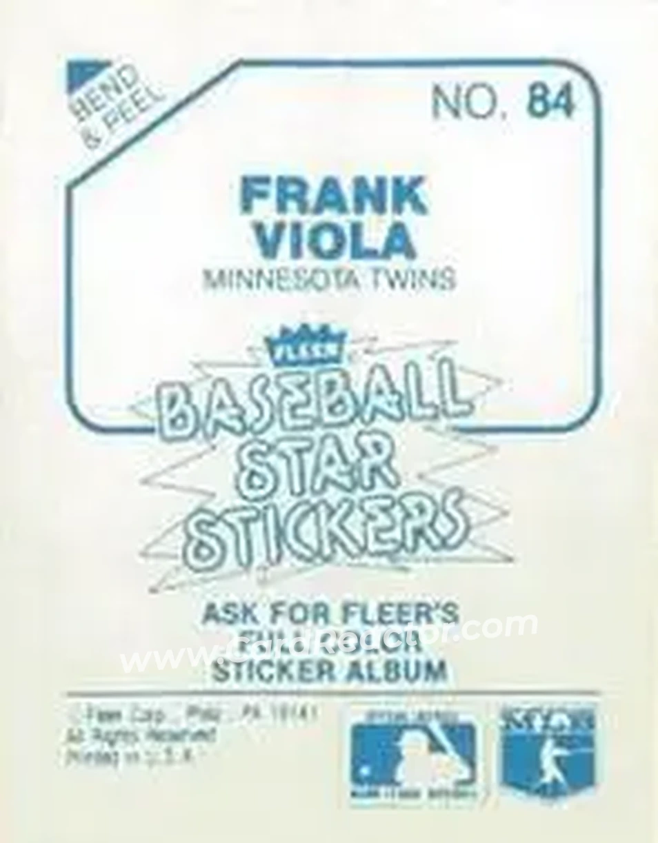1985 Fleer Star Stickers #84 - Frank Viola - Minnesota Twins - Back 1985 Fleer Star Stickers #84 - Frank Viola - Minnesota Twins - Back