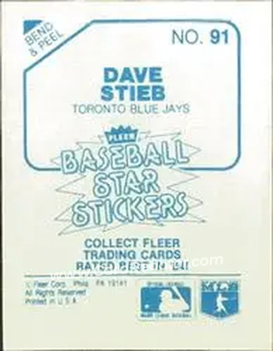 1985 Fleer Star Stickers #91 - Dave Stieb - Toronto Blue Jays - Back