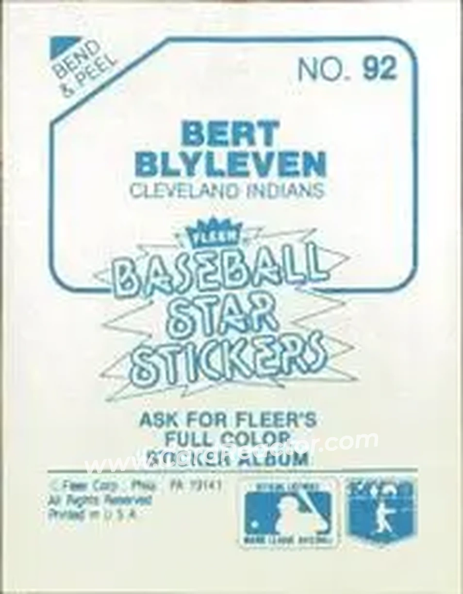 1985 Fleer Star Stickers #92 - Bert Blyleven - Cleveland Indians - Back 1985 Fleer Star Stickers #92 - Bert Blyleven - Cleveland Indians - Back