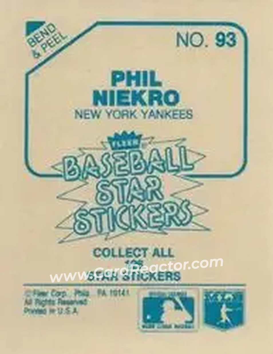1985 Fleer Star Stickers #93 - Phil Niekro - New York Yankees - Back