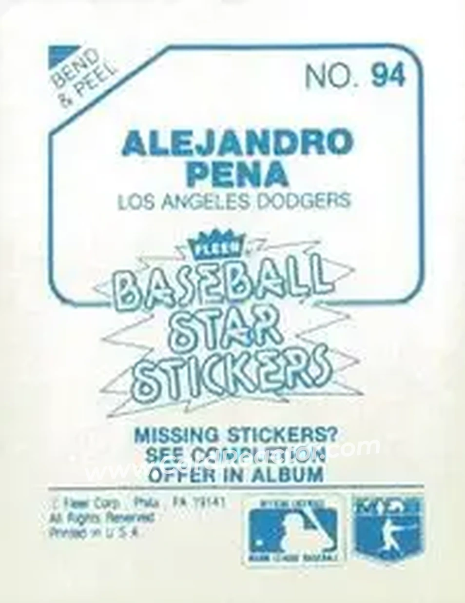 1985 Fleer Star Stickers #94 - Alejandro Pena - Los Angeles Dodgers - Back 1985 Fleer Star Stickers #94 - Alejandro Pena - Los Angeles Dodgers - Back