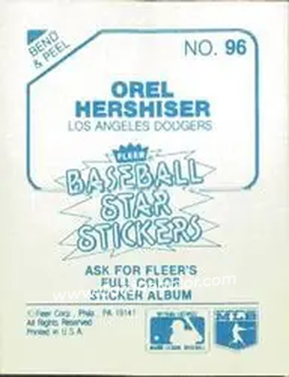1985 Fleer Star Stickers #96 - Orel Hershiser - Los Angeles Dodgers - Back
