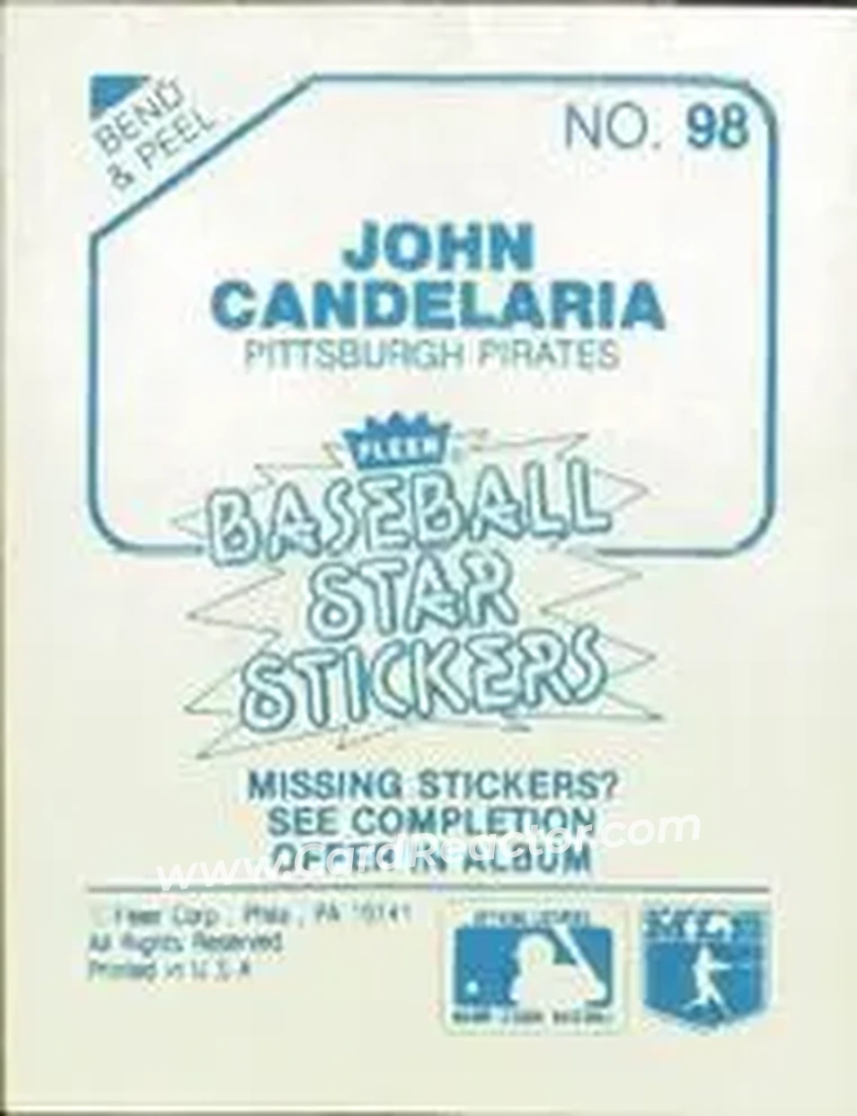 1985 Fleer Star Stickers #98 - John Candelaria - Pittsburgh Pirates - Back 1985 Fleer Star Stickers #98 - John Candelaria - Pittsburgh Pirates - Back